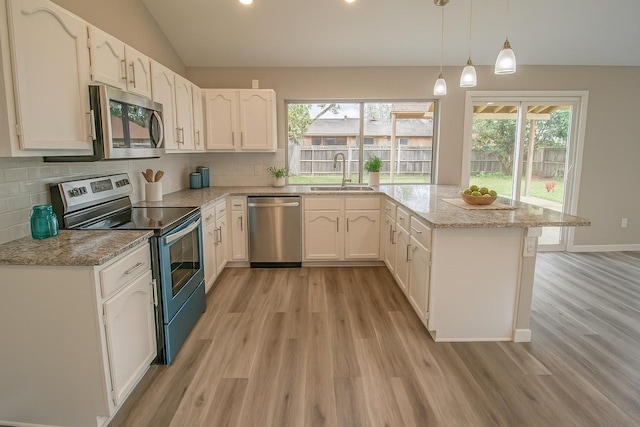 3825 Hackberry Ln, Bedford, TX 76021 - kitchen featuring appliances with stainless steel finishes, a sink, light wood-type flooring, a peninsula, and vaulted ceiling