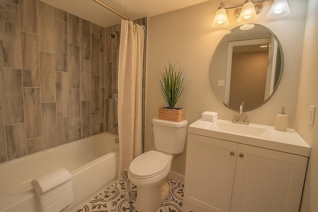 3825 Hackberry Ln, Bedford, TX 76021 - bathroom with toilet, tile patterned floors, vanity, shower / bathtub combination with curtain, and baseboards