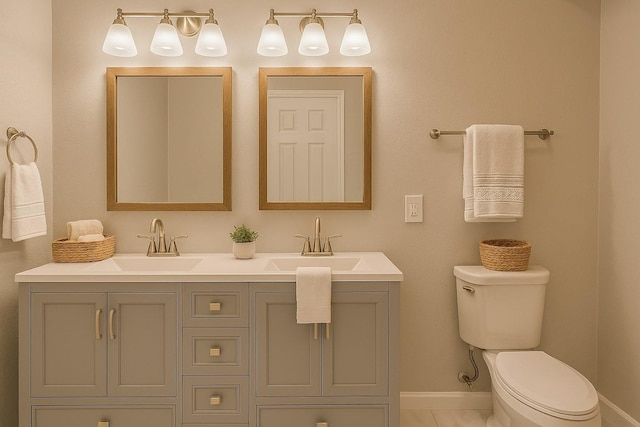 3825 Hackberry Ln, Bedford, TX 76021 - bathroom featuring toilet, double vanity, and baseboards