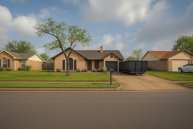 3825 Hackberry Ln, Bedford, TX 76021 - ranch-style house featuring an attached garage, concrete driveway, a chimney, a front lawn, and brick siding