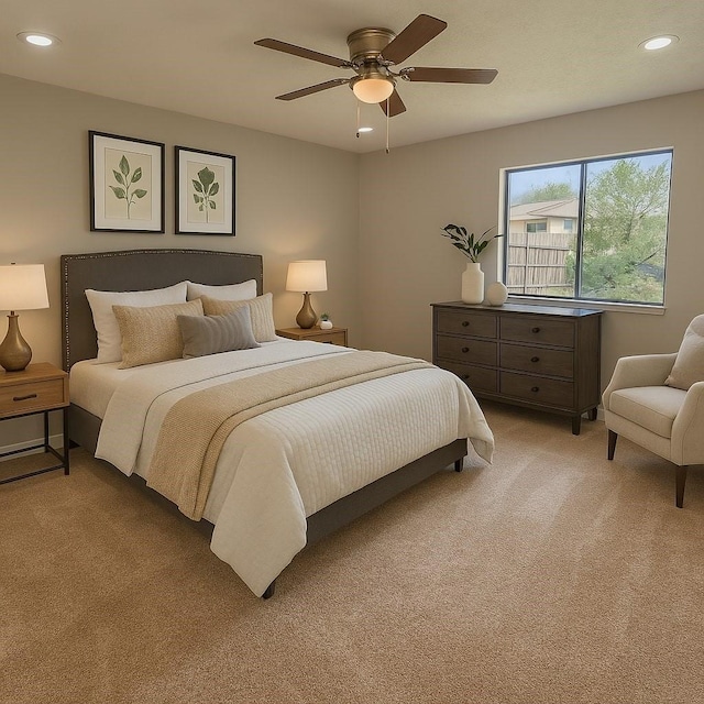 3825 Hackberry Ln, Bedford, TX 76021 - bedroom with light carpet, recessed lighting, and a ceiling fan