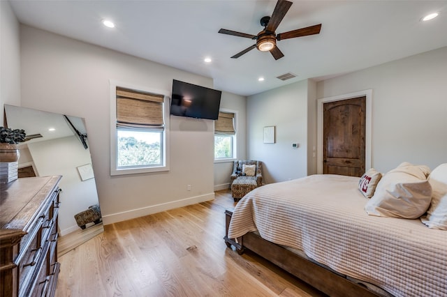 221 Cattle Trl, Tioga, TX 76271 - bedroom featuring baseboards, light wood-type flooring, recessed lighting, and a ceiling fan