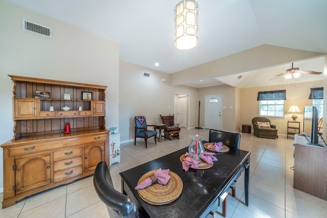 809 W Ball St, Weatherford, TX 76086 - dining space with light tile patterned floors, a ceiling fan, vaulted ceiling, and baseboards