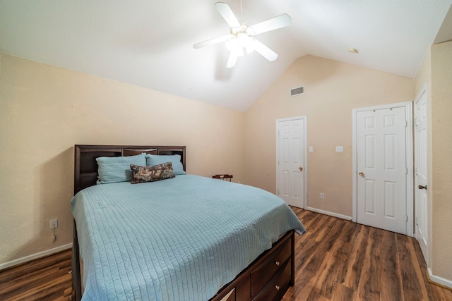 809 W Ball St, Weatherford, TX 76086 - bedroom with lofted ceiling, dark wood finished floors, ceiling fan, and baseboards