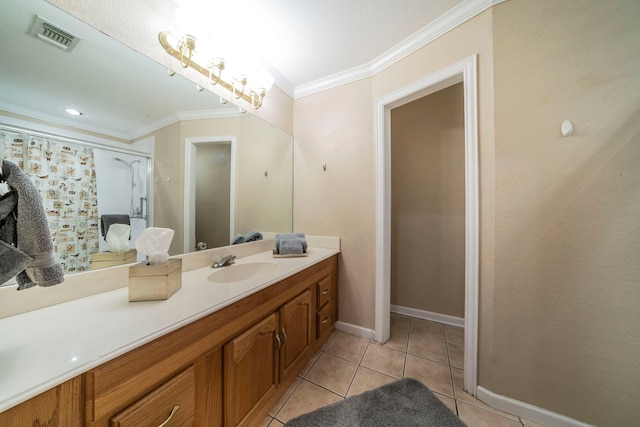 809 W Ball St, Weatherford, TX 76086 - full bath with vanity, crown molding, tile patterned flooring, baseboards, and a shower