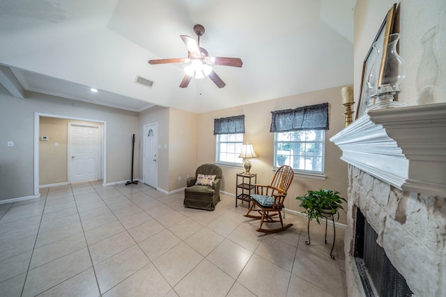 809 W Ball St, Weatherford, TX 76086 - living area with a fireplace, light tile patterned flooring, baseboards, a ceiling fan, and recessed lighting