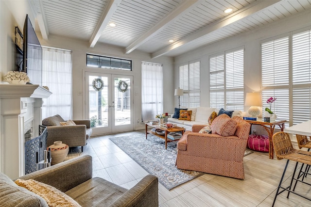 3548 Granada Ave, University Park, TX 75205 - living room featuring beamed ceiling, french doors, and a fireplace