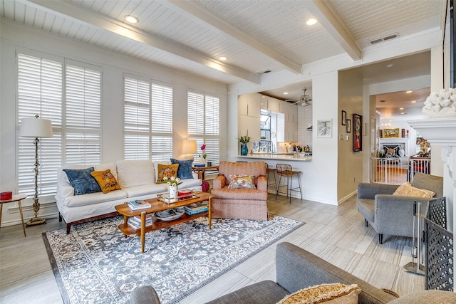 3548 Granada Ave, University Park, TX 75205 - living area with beamed ceiling, ceiling fan, baseboards, a fireplace, and recessed lighting