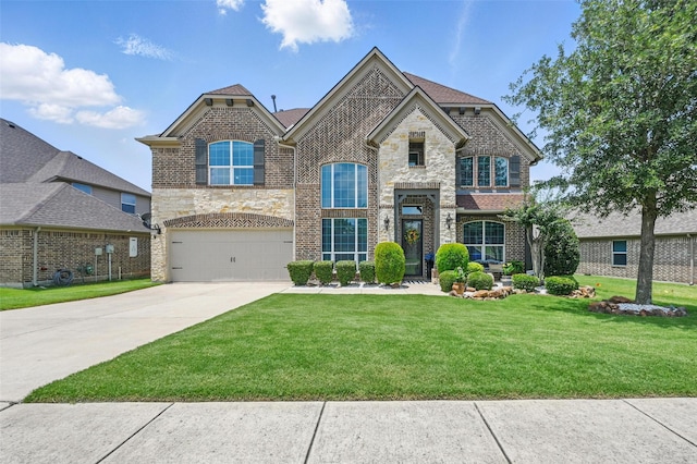 505 Kappa Way, Mckinney, TX 75071 - french provincial home featuring stone siding, concrete driveway, a front lawn, brick siding, and a garage