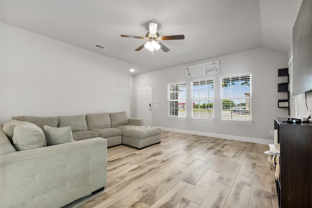 9221 White Settlement Rd, White Settlement, TX 76108 - living room with ceiling fan, light wood-style flooring, baseboards, and vaulted ceiling