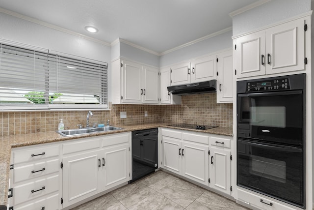 4814 Rhea Rd, Wichita Falls, TX 76308 - kitchen with black appliances, a sink, under cabinet range hood, white cabinetry, and crown molding