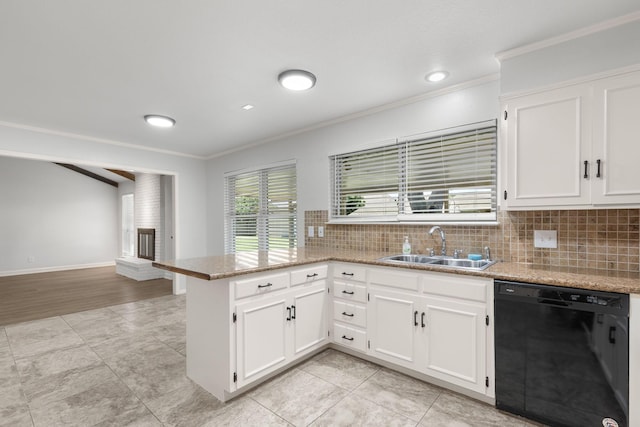 4814 Rhea Rd, Wichita Falls, TX 76308 - kitchen with black dishwasher, a peninsula, crown molding, backsplash, and a sink