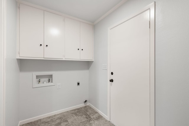4814 Rhea Rd, Wichita Falls, TX 76308 - washroom with cabinet space, electric dryer hookup, washer hookup, baseboards, and ornamental molding