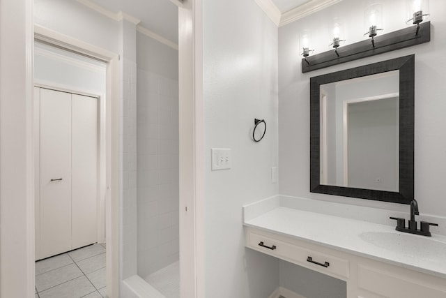 4814 Rhea Rd, Wichita Falls, TX 76308 - full bathroom with crown molding, vanity, tiled shower, and tile patterned flooring