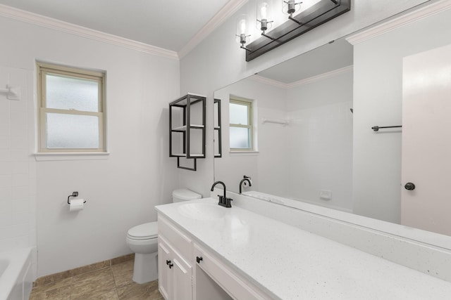 4814 Rhea Rd, Wichita Falls, TX 76308 - bathroom with toilet, vanity, ornamental molding, baseboards, and shower / bathtub combination