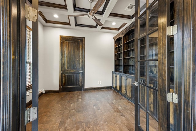 1209 Catalina Bay Blvd, Granbury, TX 76048 - entryway with baseboards, wood finished floors, beam ceiling, coffered ceiling, and ornamental molding
