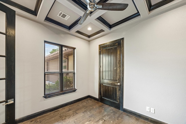 1209 Catalina Bay Blvd, Granbury, TX 76048 - spare room with coffered ceiling, dark wood-style flooring, baseboards, ceiling fan, and beam ceiling