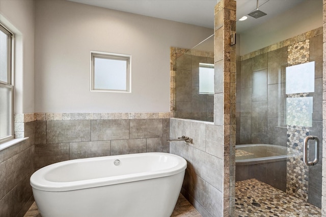 1209 Catalina Bay Blvd, Granbury, TX 76048 - full bathroom featuring tile walls, a stall shower, a freestanding bath, and a wainscoted wall