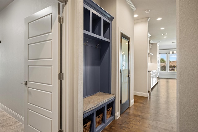 1209 Catalina Bay Blvd, Granbury, TX 76048 - mudroom featuring crown molding, dark wood-style flooring, baseboards, and recessed lighting