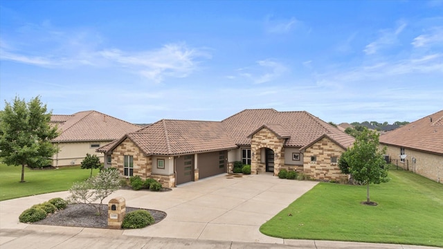 1209 Catalina Bay Blvd, Granbury, TX 76048 - view of front of property featuring stone siding, a front yard, curved driveway, and a tile roof