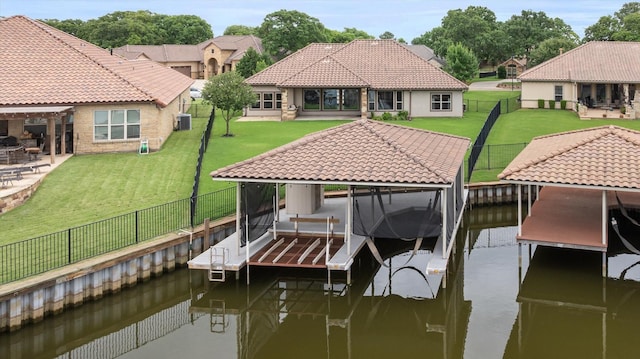 1209 Catalina Bay Blvd, Granbury, TX 76048 - dock area featuring boat lift, a water view, central AC, a patio area, and a pergola
