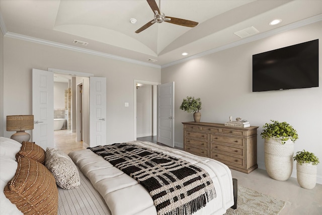 1209 Catalina Bay Blvd, Granbury, TX 76048 - bedroom featuring crown molding, recessed lighting, ceiling fan, and baseboards