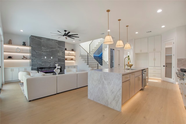 1903 Mcbroom St, Dallas, TX 75212 - kitchen with a sink, a tiled fireplace, light wood-style floors, a ceiling fan, and dishwasher
