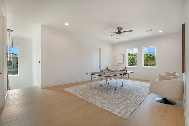 1903 Mcbroom St, Dallas, TX 75212 - rec room featuring a ceiling fan, light wood-type flooring, baseboards, and recessed lighting