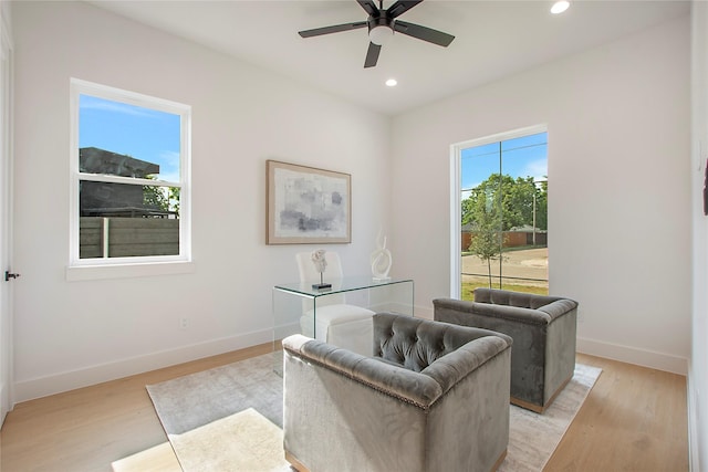 1903 Mcbroom St, Dallas, TX 75212 - sitting room featuring recessed lighting, light wood-type flooring, baseboards, and a ceiling fan