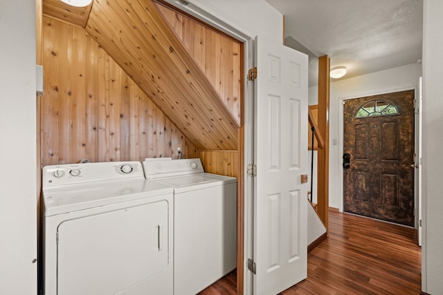 400 Titus St, Mckinney, TX 75069 - laundry room with washer and dryer, wooden walls, and wood finished floors