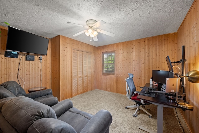 400 Titus St, Mckinney, TX 75069 - office featuring carpet, a ceiling fan, wood walls, and a textured ceiling