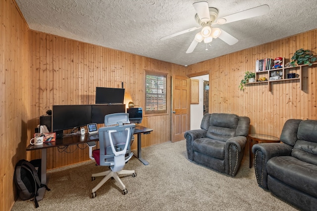 400 Titus St, Mckinney, TX 75069 - carpeted office space with a textured ceiling, wooden walls, and ceiling fan