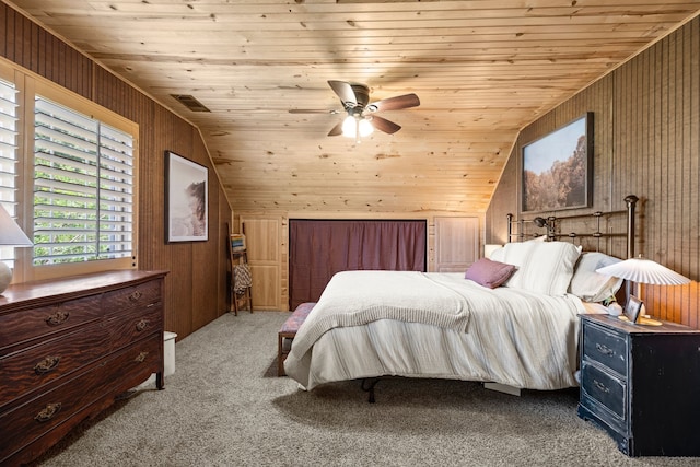400 Titus St, Mckinney, TX 75069 - carpeted bedroom featuring lofted ceiling, wooden walls, wooden ceiling, and a ceiling fan