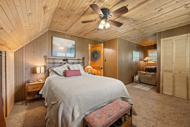400 Titus St, Mckinney, TX 75069 - bedroom with carpet flooring, wooden ceiling, wood walls, lofted ceiling, and a ceiling fan