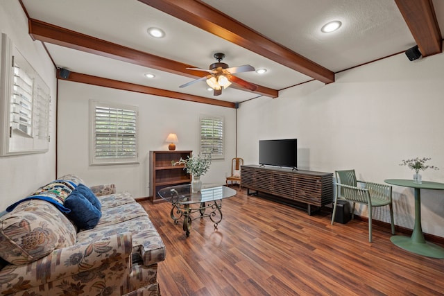 400 Titus St, Mckinney, TX 75069 - living room featuring beam ceiling, wood finished floors, a ceiling fan, baseboards, and recessed lighting