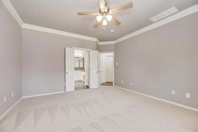 1213 Sonoma Dr, Allen, TX 75013 - unfurnished bedroom with ornamental molding, carpet, baseboards, ensuite bath, and a ceiling fan
