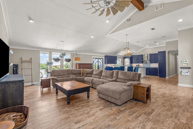 5068 S Fm 5, Aledo, TX 76008 - living area featuring a ceiling fan, crown molding, light wood-type flooring, recessed lighting, and a chandelier