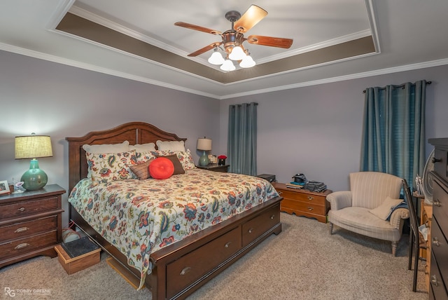 6204 E Oxbow, Bossier City, LA 71112 - bedroom with a raised ceiling, light carpet, ornamental molding, and ceiling fan