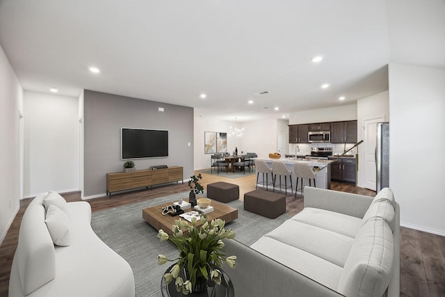 913 Alton Dr, Aubrey, TX 76227 - living area featuring recessed lighting and dark wood-style floors