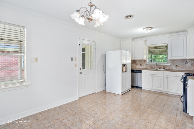 5710 Grover Pl, Shreveport, LA 71105 - kitchen featuring white refrigerator with ice dispenser, dishwasher, a sink, white cabinetry, and crown molding