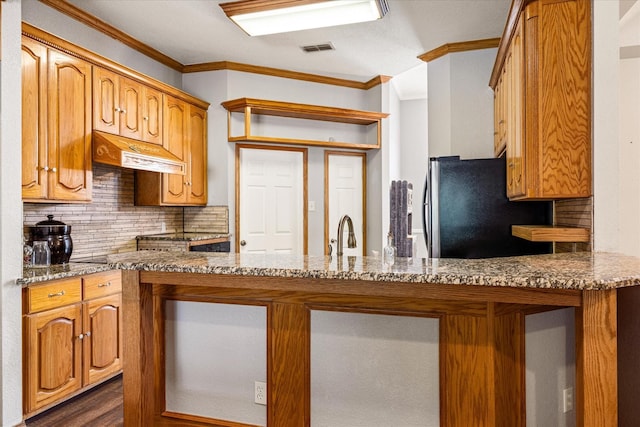 2809 Rock Church Hwy, Tolar, TX 76476 - kitchen featuring freestanding refrigerator, ornamental molding, decorative backsplash, light stone counters, and a peninsula