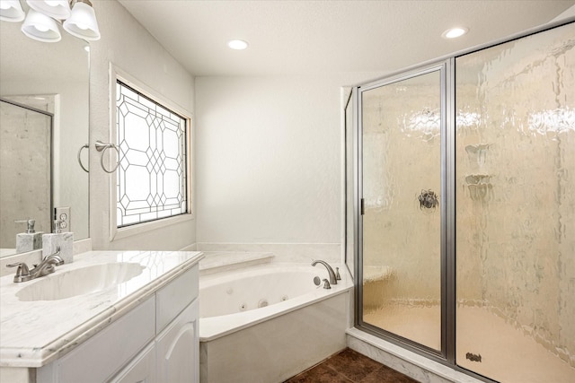 2809 Rock Church Hwy, Tolar, TX 76476 - bathroom featuring vanity, a whirlpool tub, a shower stall, recessed lighting, and tile patterned floors