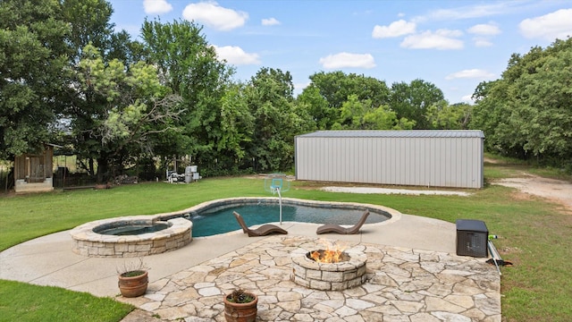 2809 Rock Church Hwy, Tolar, TX 76476 - outdoor pool featuring a fire pit, a lawn, a patio area, and an outdoor structure