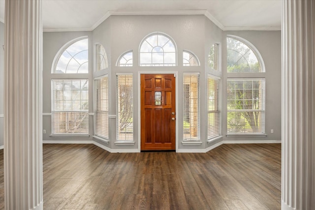 2809 Rock Church Hwy, Tolar, TX 76476 - entrance foyer with dark wood-type flooring, a towering ceiling, ornamental molding, and baseboards