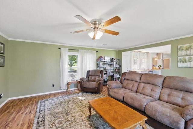 177 Graben Ln, Rhome, TX 76078 - living area featuring wood finished floors, a ceiling fan, ornamental molding, and baseboards