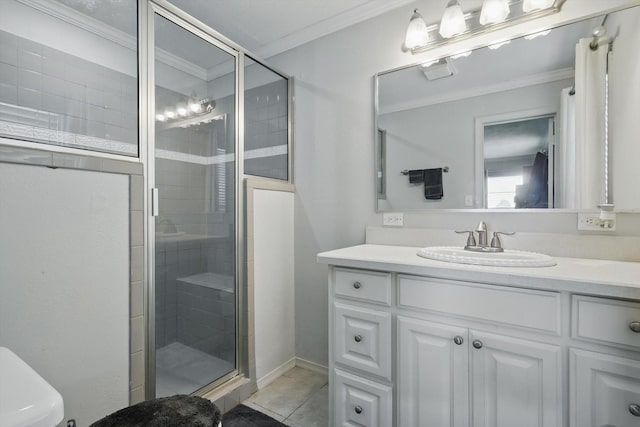 177 Graben Ln, Rhome, TX 76078 - bathroom featuring a shower stall, vanity, ornamental molding, toilet, and tile patterned floors