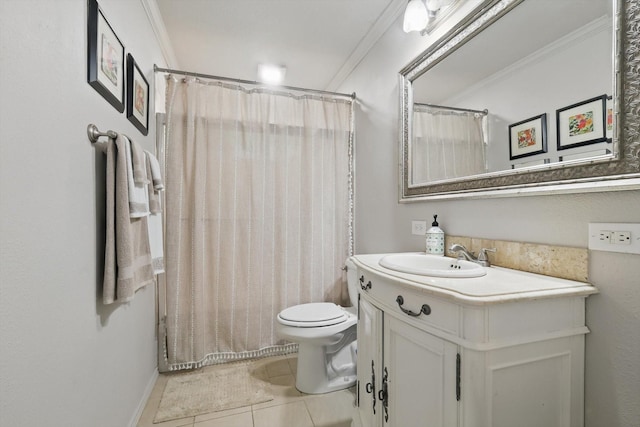 177 Graben Ln, Rhome, TX 76078 - bathroom with tile patterned flooring, vanity, toilet, ornamental molding, and a shower with curtain