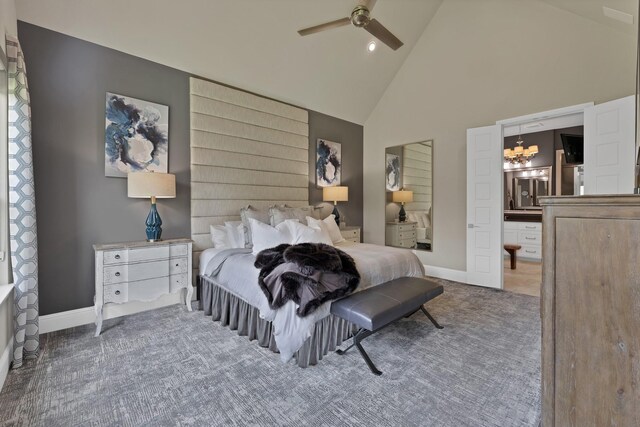 4350 Bristleleaf Ln, Prosper, TX 75078 - carpeted bedroom with high vaulted ceiling, a chandelier, baseboards, a ceiling fan, and recessed lighting