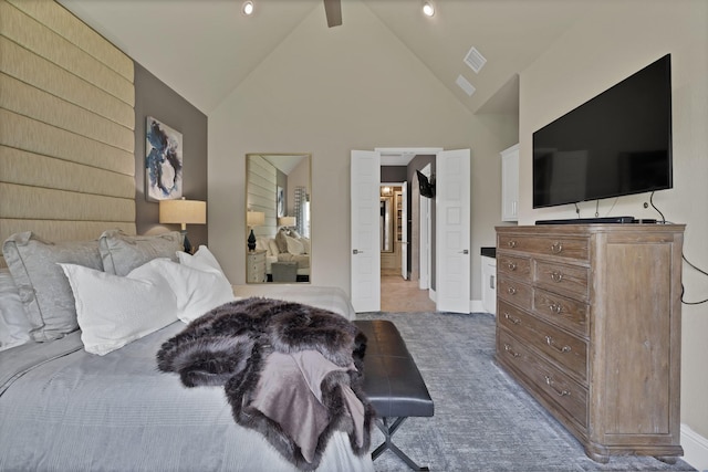 4350 Bristleleaf Ln, Prosper, TX 75078 - bedroom with lofted ceiling, ceiling fan, and carpet floors