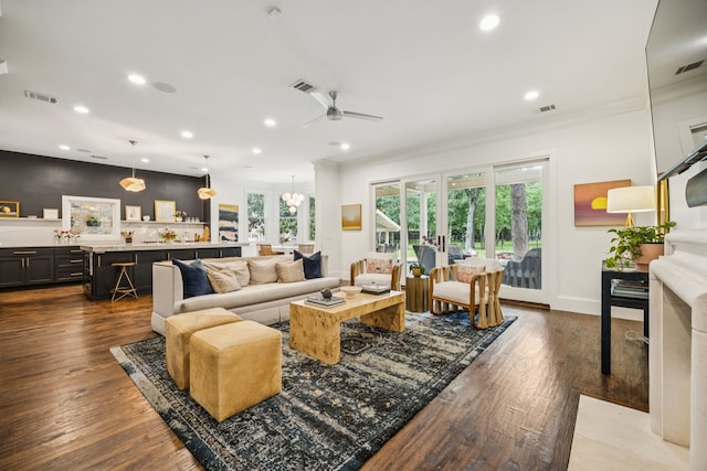 1260 Stanhope Ct, Southlake, TX 76092 - living room featuring a ceiling fan, ornamental molding, recessed lighting, and wood finished floors
